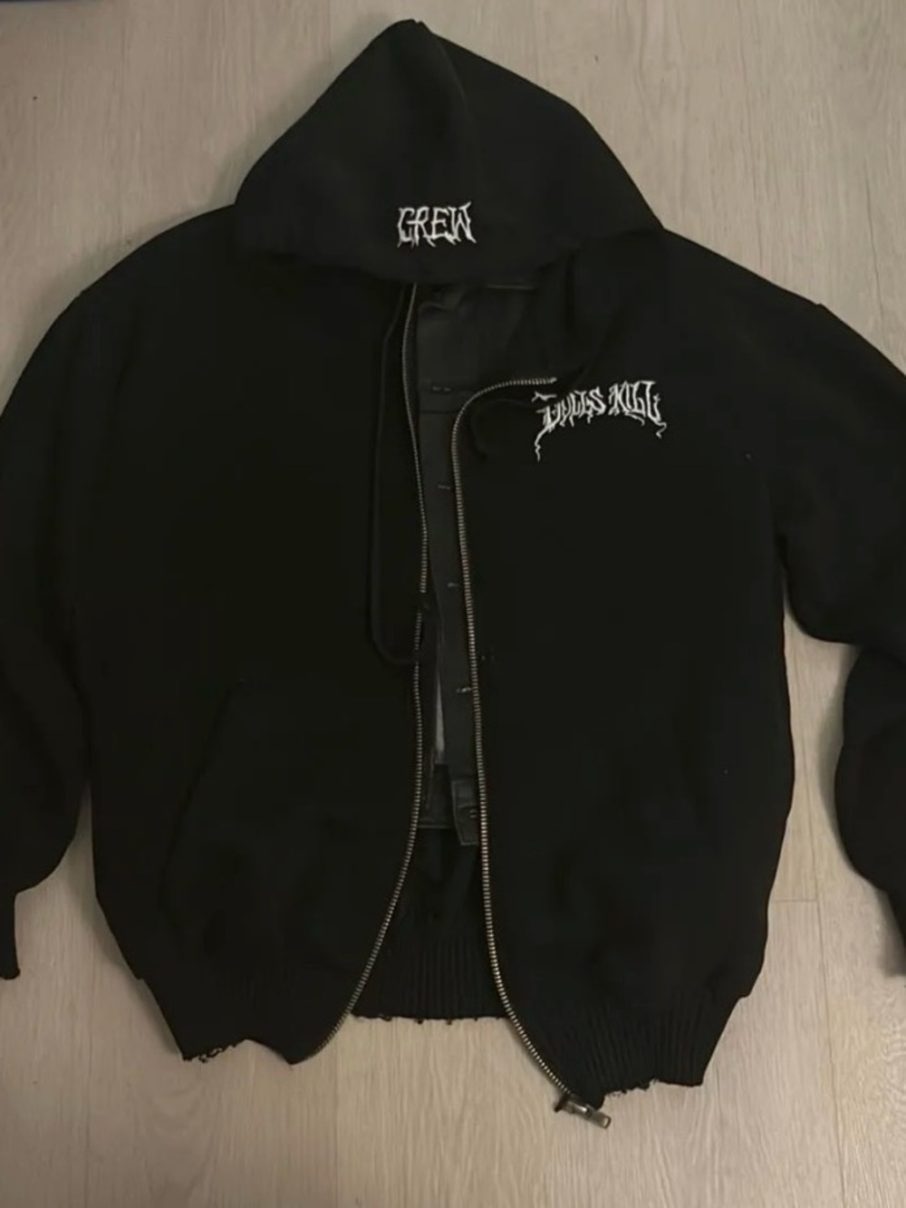 Black Graphic Zip-Up Hoodie with White Script Logos